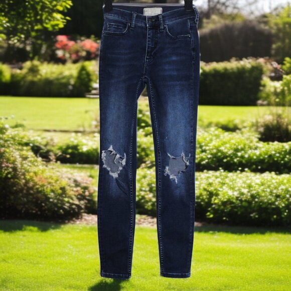 Free People FP (Size 24) Blue Distressed Stretch Denim Skinny Jeans - Picture 1 of 3